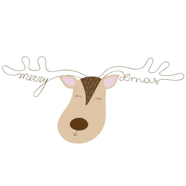 Vector illustration of Christmas deer with antlers or deer with merry xmas text on white background. Festive symbol