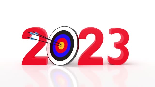 Year 2023 and Bulls Eye Target on White Background in 4K Resolution