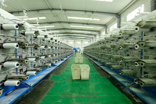 Packaging bag production workshop, The production workshop of woven belt, A factory workshop where textile belts are produced