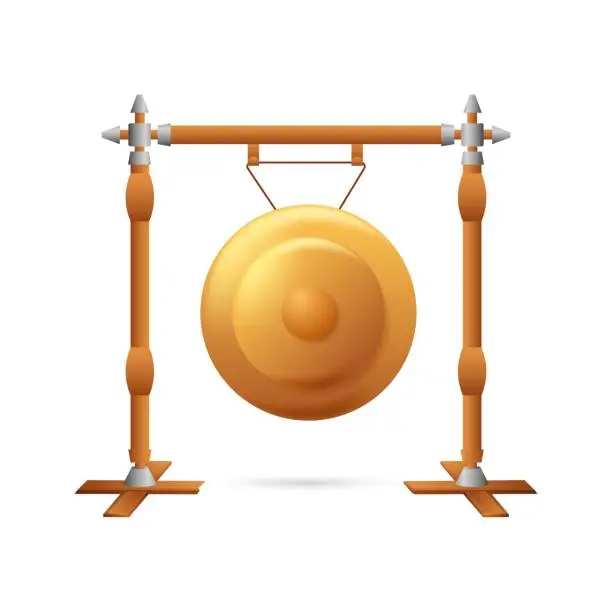Vector illustration of Golden gong on props. Vintage yellow metal disc suspended on poles