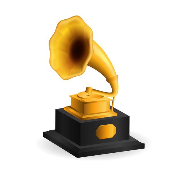Golden vintage gramophone. Old yellow phonograph on black stand Golden vintage gramophone. Old yellow phonograph on black stand for listening to retro records and prize for best music vector composition grammy awards stock illustrations