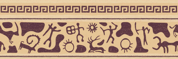 istock Ethnic border on the theme of rock paintings, seamless pattern, banner 1423936723