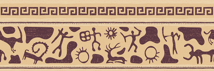 Ethnic border on the theme of rock paintings, vector design, seamless pattern, banner