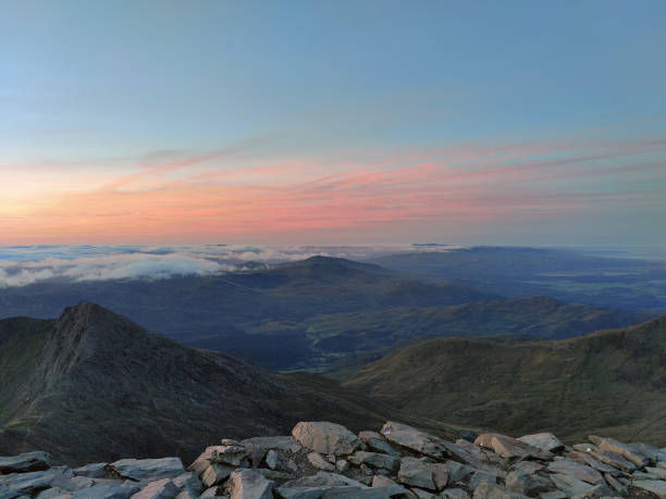 Sunrise from the top of Snowdon, Wales stock photo