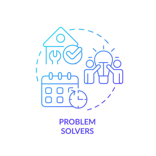 Problem solvers blue gradient concept icon Problem solvers blue gradient concept icon. Customer support. Characteristic of good housing developer abstract idea thin line illustration. Isolated outline drawing. Myriad Pro-Bold font used rental property management stock illustrations