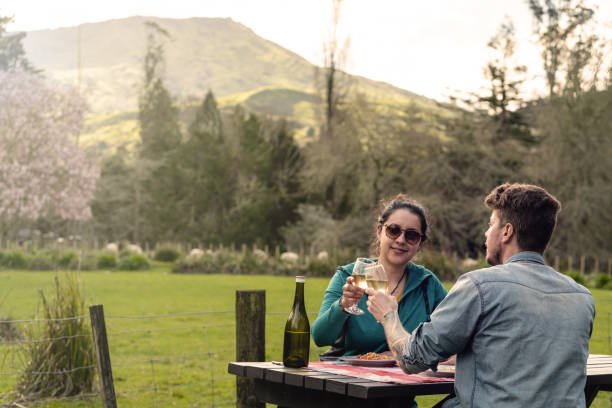 Couple of Hispanic woman and Caucasian man having a lunch in the countryside. stock photo