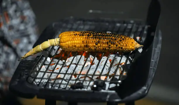 Photo of Corn is fried on a grill. Street food.
