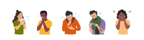 ilustrações de stock, clip art, desenhos animados e ícones de different young ill women and men isolated. flat style cartoon vector illustration. - allergy sneezing cold and flu flu virus