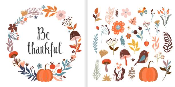 illustrazioni stock, clip art, cartoni animati e icone di tendenza di set del ringraziamento con design floreale autunnale, sii grato biglietto di auguri con ghirlanda e piante stagionali - wreath autumn flower thanksgiving