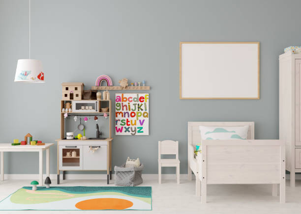 istock Empty horizontal picture frame on the wall in modern child room. Mock up interior in contemporary, scandinavian style. Free, copy space for picture. Bed, toys. Cozy room for kids. 3D rendering. 1423947597