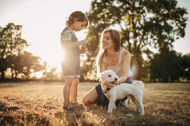 istock Mother And Daughter Having Fun While Blowing Bubbles Together and plays with dog 1423951522