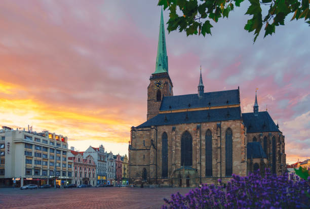 Cathedral of St. Bartholomew in Pilsen city during sunset Czech Republic Cathedral of St. Bartholomew in Pilsen city during sunset Czech Republic pilsen stock pictures, royalty-free photos & images