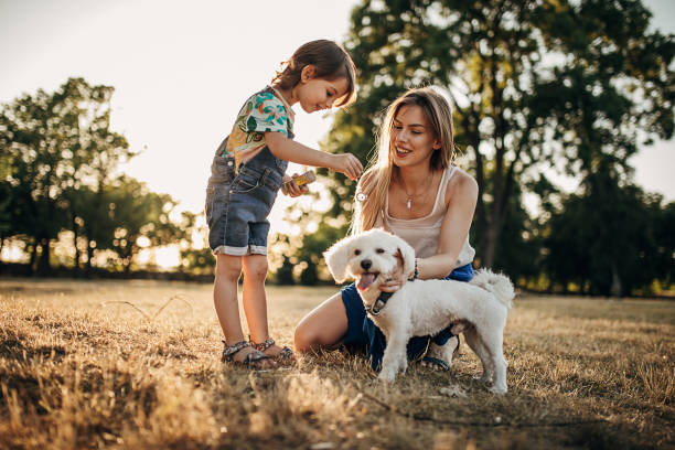 istock Mother And Daughter Having Fun While Blowing Bubbles Together and plays with dog 1423951584