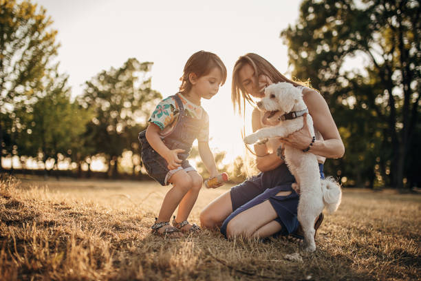 istock Mother And Daughter Having Fun While Blowing Bubbles Together and plays with dog 1423951650