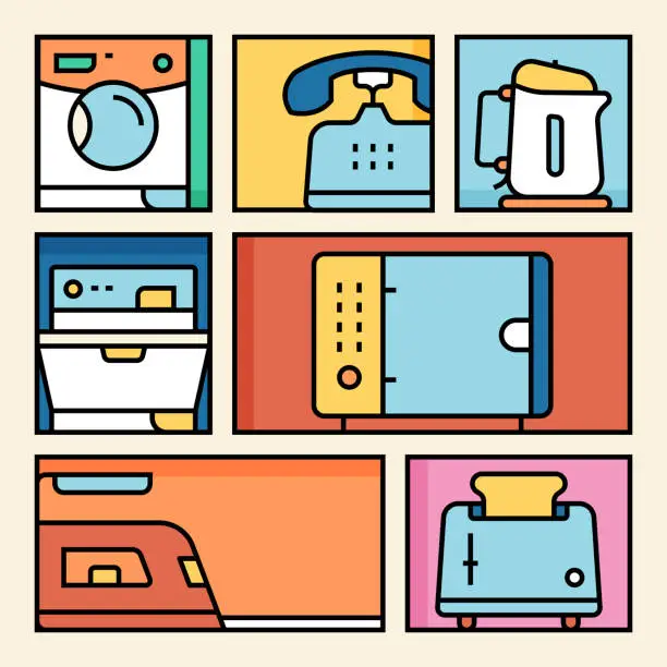 Vector illustration of Colored Home Appliances Icons on Color Background