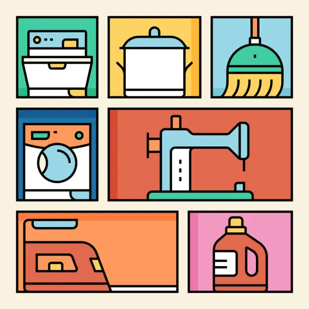 Vector illustration of Colored Housework Icons on Color Background