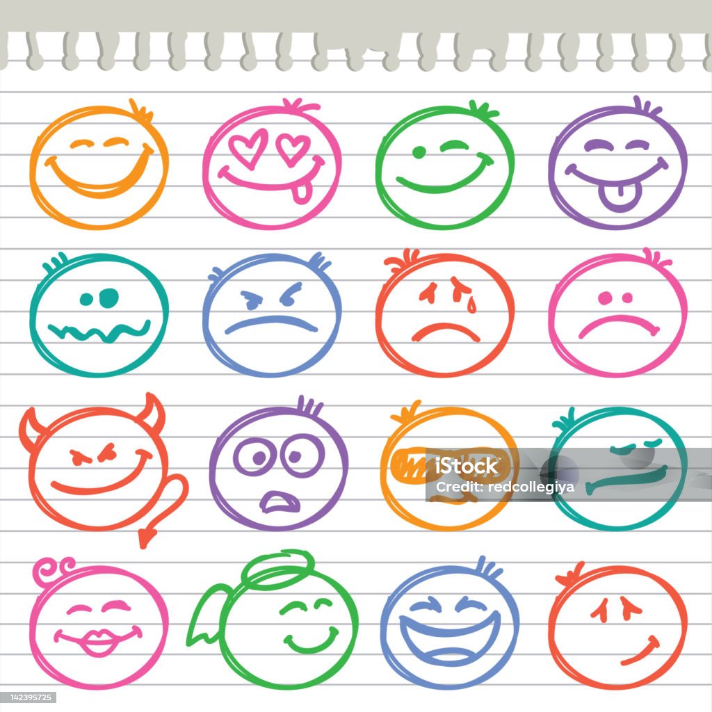 set of smiles set of hand drawn smiles on realistic paper page Child stock vector