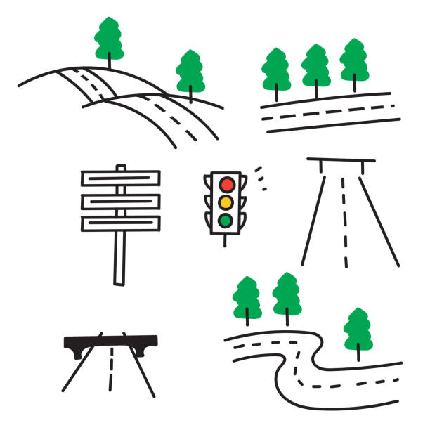 ilustraciones, imágenes clip art, dibujos animados e iconos de stock de garabato dibujado a mano por carretera y vector de ilustración de carretera - directional sign crossroads sign distance sign sign