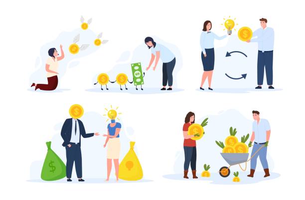 People ideas spending and earnings money concept set vector flat illustration People ideas spending and earnings money concept set vector flat illustration. Creative business man and woman changing innovation to cash banknote coins. Financial investment marketing opportunity contract renewal stock illustrations
