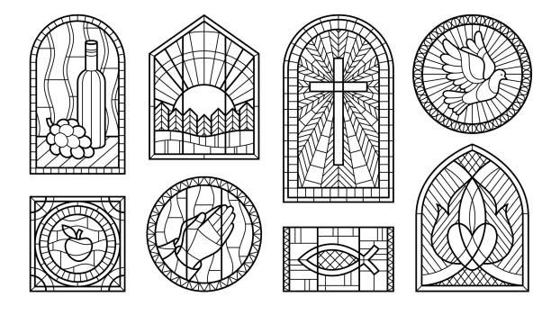 ilustraciones, imágenes clip art, dibujos animados e iconos de stock de vidrieras monocromáticas línea de arte conjunto de ilustración vectorial. catedral gótica medieval - stained glass