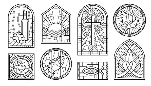 스테인드 글라스 창 흑백 라인 아트 세트 벡터 일러스트레이션. 중세 고딕 양식의 대성당 - stained glass church window glass stock illustrations