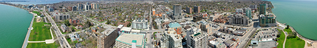 An aerial panorama view of Burlington in Ontario, Canada