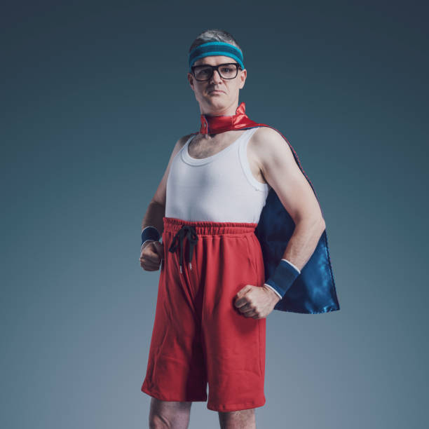 Funny confident superhero with glasses portrait stock photo