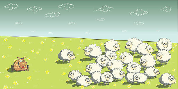 Flock of sheep and Sheepdog vector art illustration