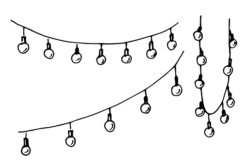Garland with Lights. Vector hand drawn illustration in doodle style for party/ Sketch of hanging pennants on white isolated background