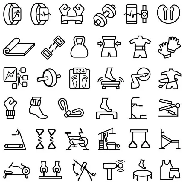 Vector illustration of Fitness Gadgets, Exercise and Gym Equipment Outline Icons