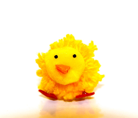 handmade, DIY pom-pom chick on a white background