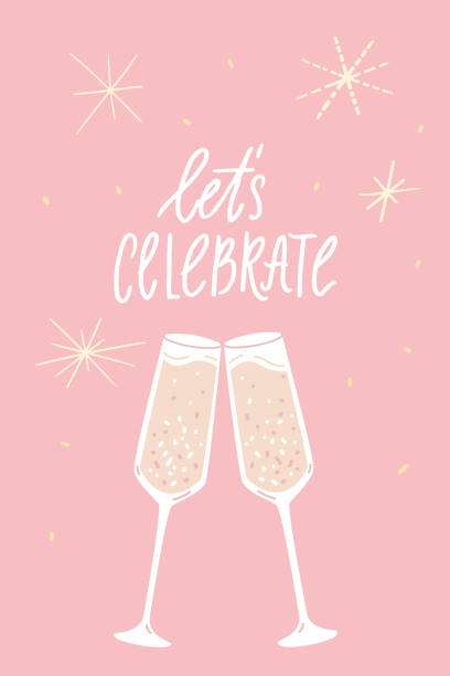 illustrazioni stock, clip art, cartoni animati e icone di tendenza di festeggiamo. biglietto di auguri rosa con bicchieri touch di champagne frizzante. elegante illustrazione vettoriale festiva. - clang