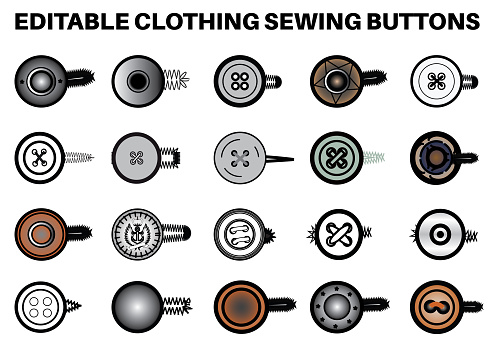 Sewing Buttons flat sketch vector illustration set, different types of Shirt Buttons, Shank button, Flat buttons and Decorative buttons for fasteners, dresses garments, Jeans, Clothing and Accessories