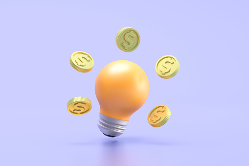 Light bulb and coins. 3d illustration