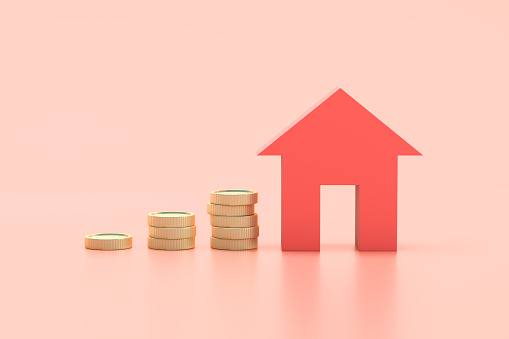 Stack of coins and house model on pink background. 3d illustration