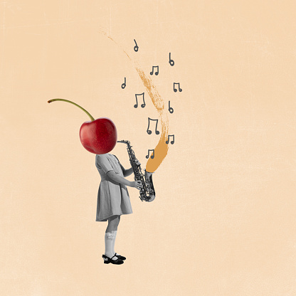 Contemporary art collage. Little girl, child with cherry head playing saxophone. Music lifestyle. Concept of retro style, creativity, food, surrealism, imagination. Copy space or ad, poster