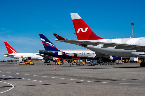 May 11, 2021, Moscow, Russia. The aircraft of Royal Flight, Aeroflot and Nordwind Airlines on the tarmac of Sheremetyevo International Airport.