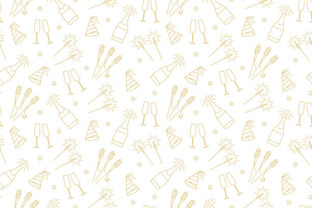 seamless new year eseamless new year eve golden pattern with champagne bottle, glasses, fireworks, sparklers and party hat- vector illustrationve golden pattern with champagne bottle, glasses, fireworks, party hat and confetti - vector illustration - new year stock illustrations