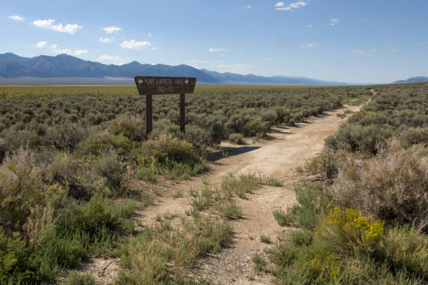 istock Historic Pony Express Trail through sagebrush with Toquima Mountains Nevada 1423974236