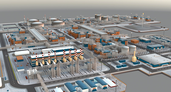 The territory of the LNG plant with tanks, technological platforms, torches, overpasses and other. On a gray  background. 3d-rendering