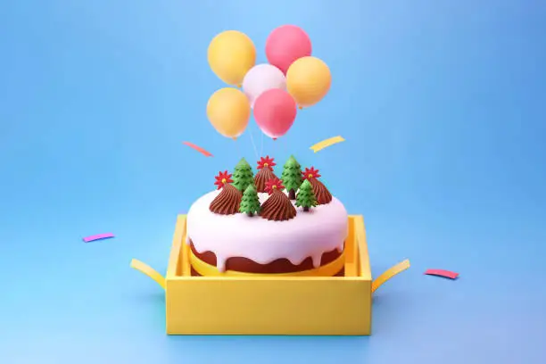 Christmas cake, birthday, and celebration on the yellow gift box with colorful balloon 3d illustration on blue background