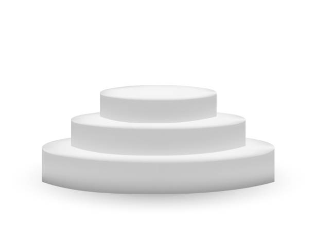 istock Round three stage pedestal or scene isolated on white background. White advertising podium for award ceremony. 3D vector realistic Mock up. 1423974910
