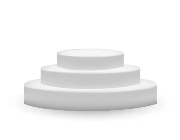 Vector illustration of Round three stage pedestal or scene isolated on white background. White advertising podium for award ceremony. 3D vector realistic Mock up.