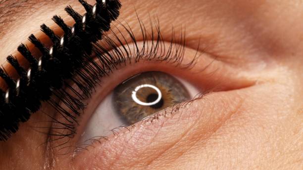 Making makeup in a beauty salon. Applying black mascara to the eyelashes with a makeup brush. Close-up of a woman's eye. Lengthening of the eyelashes after lamination. stock photo