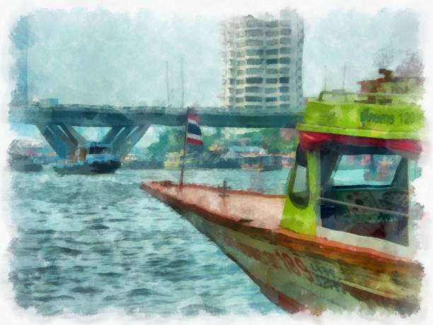 istock River ferry on the Chao Phraya River Bangkok watercolor style illustration impressionist painting. 1423975741