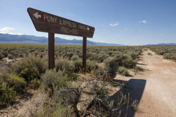 istock Historic Pony Express Trail through sagebrush with Toquima Mountains Nevada 1423976242