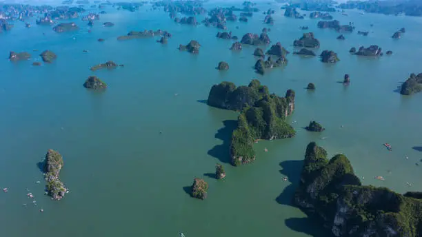 Drone view rock mountains  on Ha Long bay, Ha long city, Quang Ninh province, north Vietnam