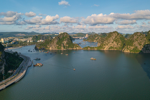 Drone view rock mountains  on Ha Long bay, Ha long city, Quang Ninh province, north Vietnam