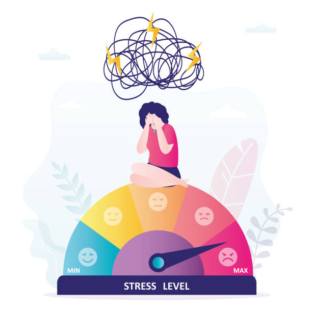 ilustrações de stock, clip art, desenhos animados e ícones de unhappy woman sits and cries on measuring scale. indicator shows high level of stress. burnout at work, psychological pressure. female character with mental problems. - performance physical pressure emotional stress terrified
