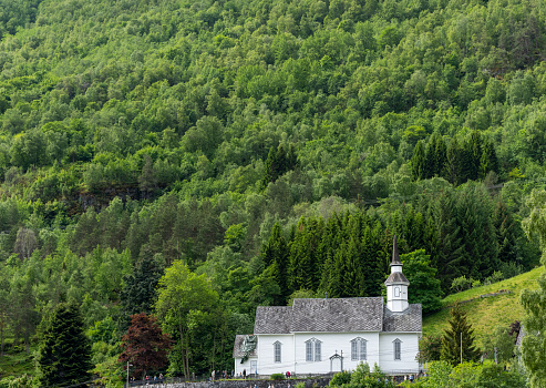 Hellesylt in Norway including the famous white church that most tourists and cruise ship passengers visit.